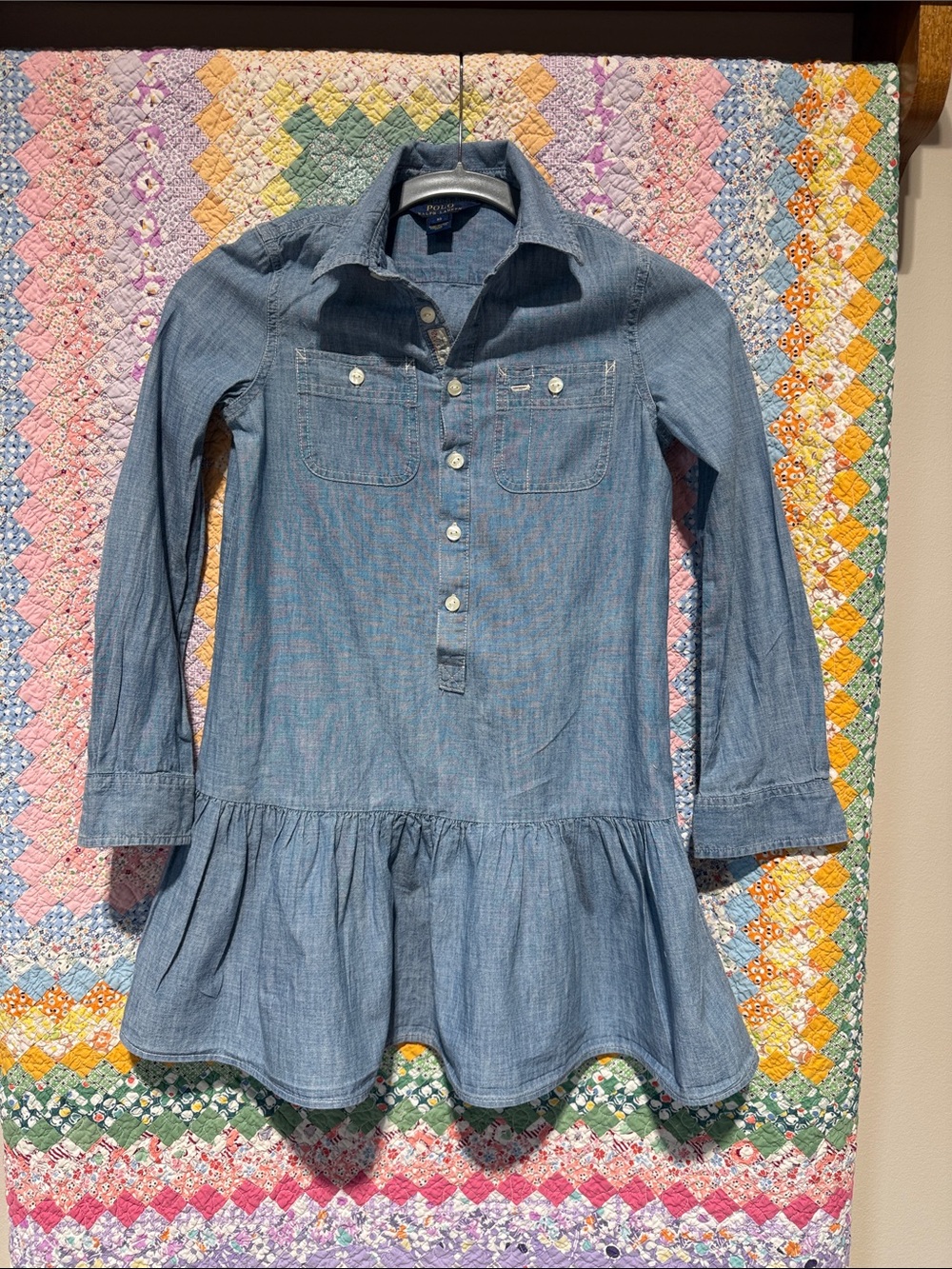 Polo Ralph Lauren Girls Chambray Drop Waist Dress Size 10 Blue Denim Button